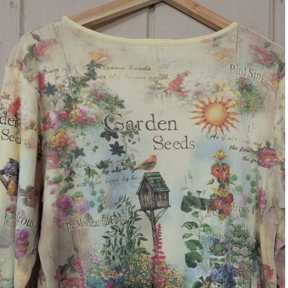 Vintage Y2K Garden Seeds Top Cottagecore Floral Birdhouse Print Fairy XL - Picture 11 of 14
